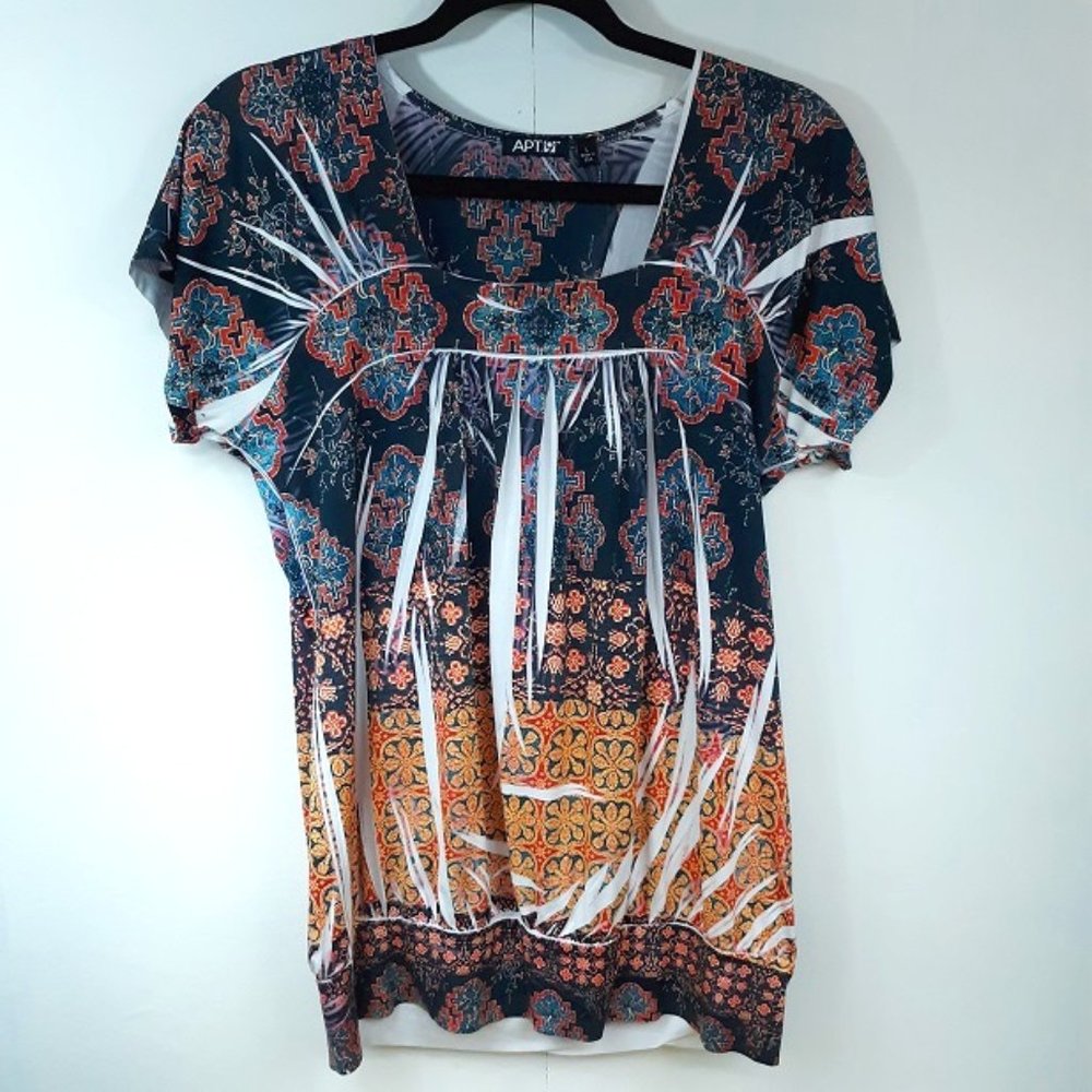 Apt. 9 Top Womens Large EUC Sublimation Boho Shirt Banded Bottom Hem Sublimated